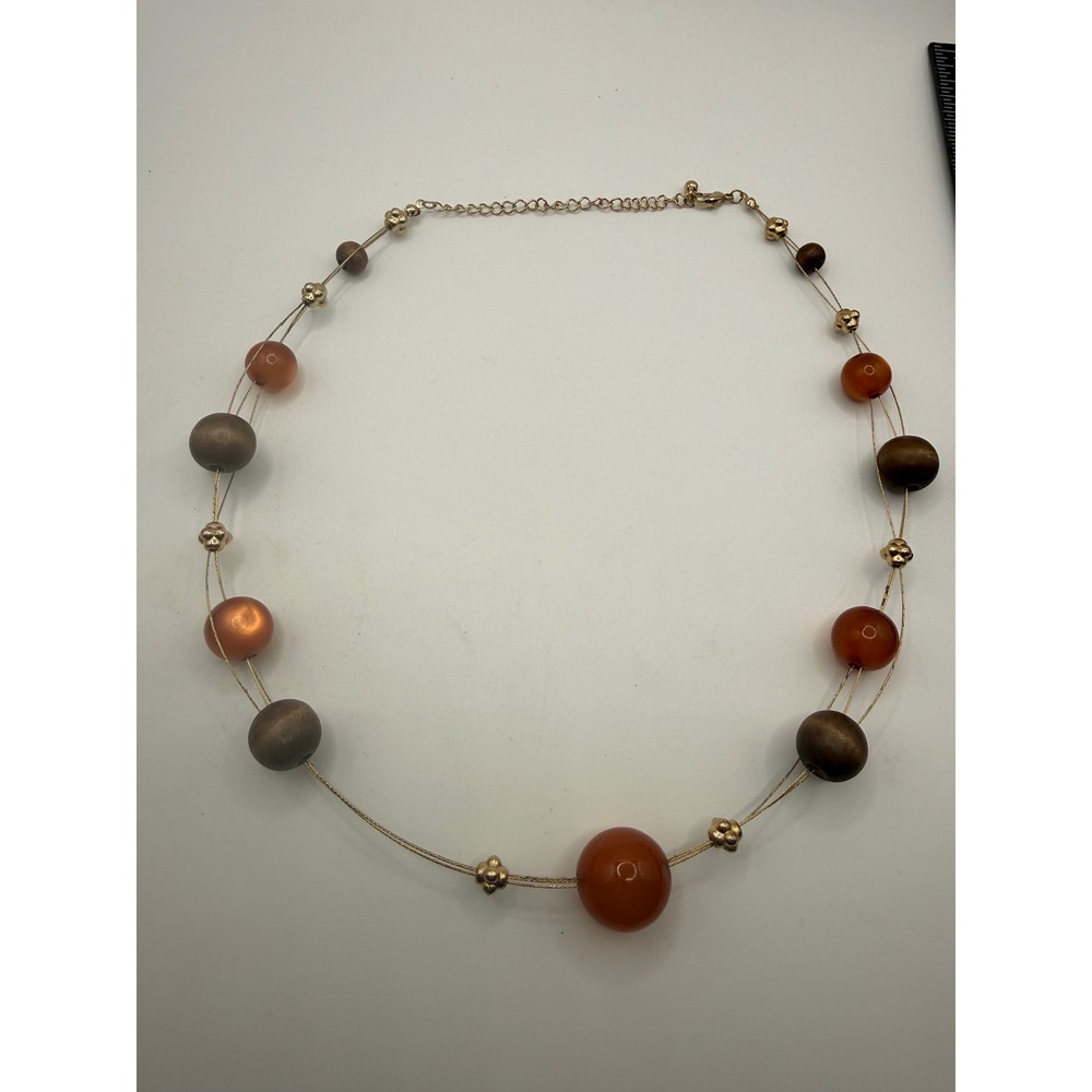 Gold Tone Multi Strand Floating Bead Necklace Wood Amber Resin Earthy Boho 21"